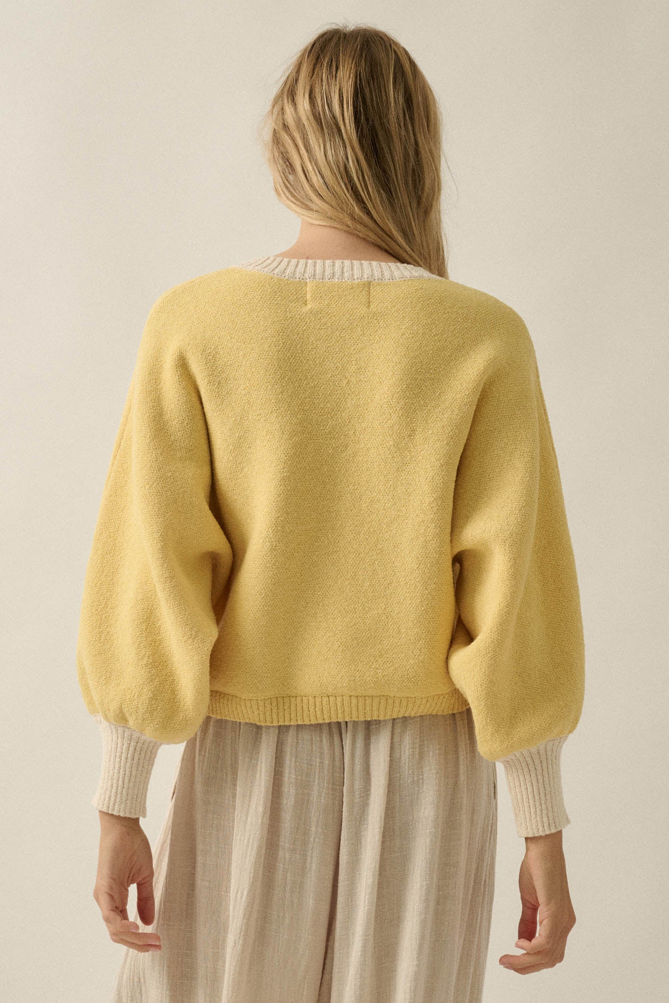 Ready or Not Contrast Knit Bubble-Sleeve Cardigan