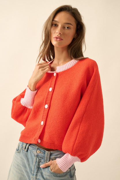 Ready or Not Contrast Knit Bubble-Sleeve Cardigan
