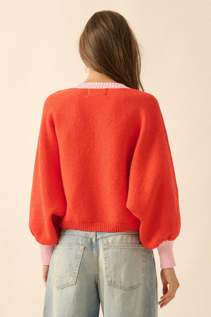 Ready or Not Contrast Knit Bubble-Sleeve Cardigan