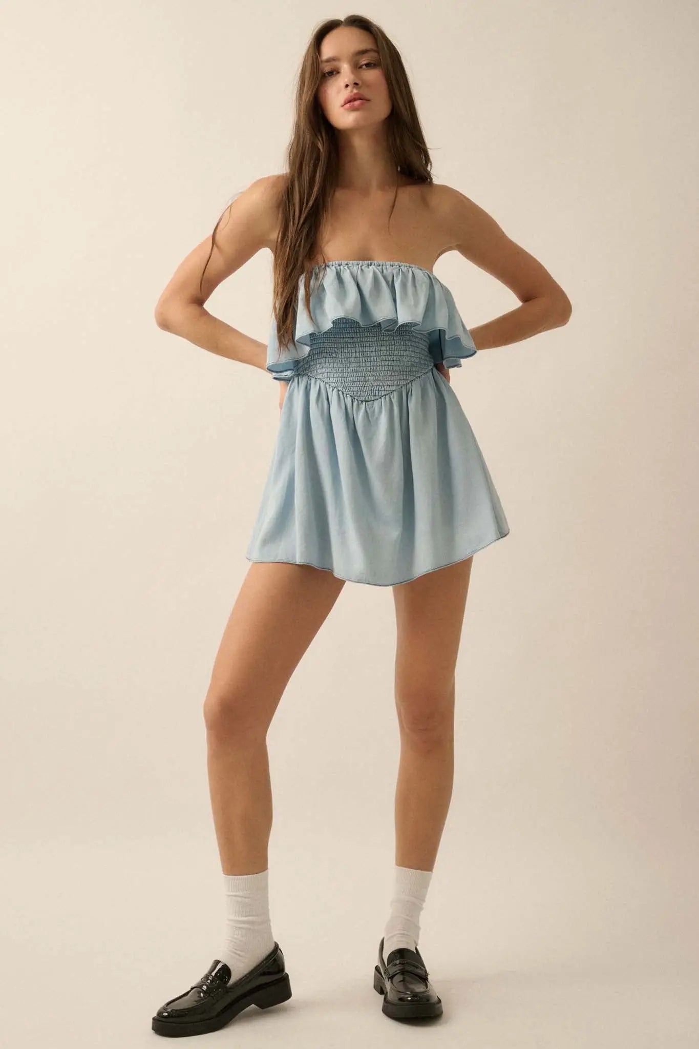 Blue Zone Denim Strapless Flounce Romper