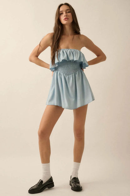 Blue Zone Denim Strapless Flounce Romper