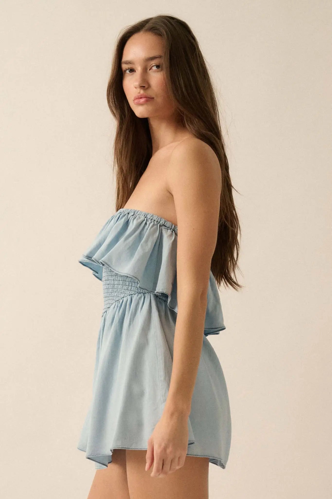 Blue Zone Denim Strapless Flounce Romper