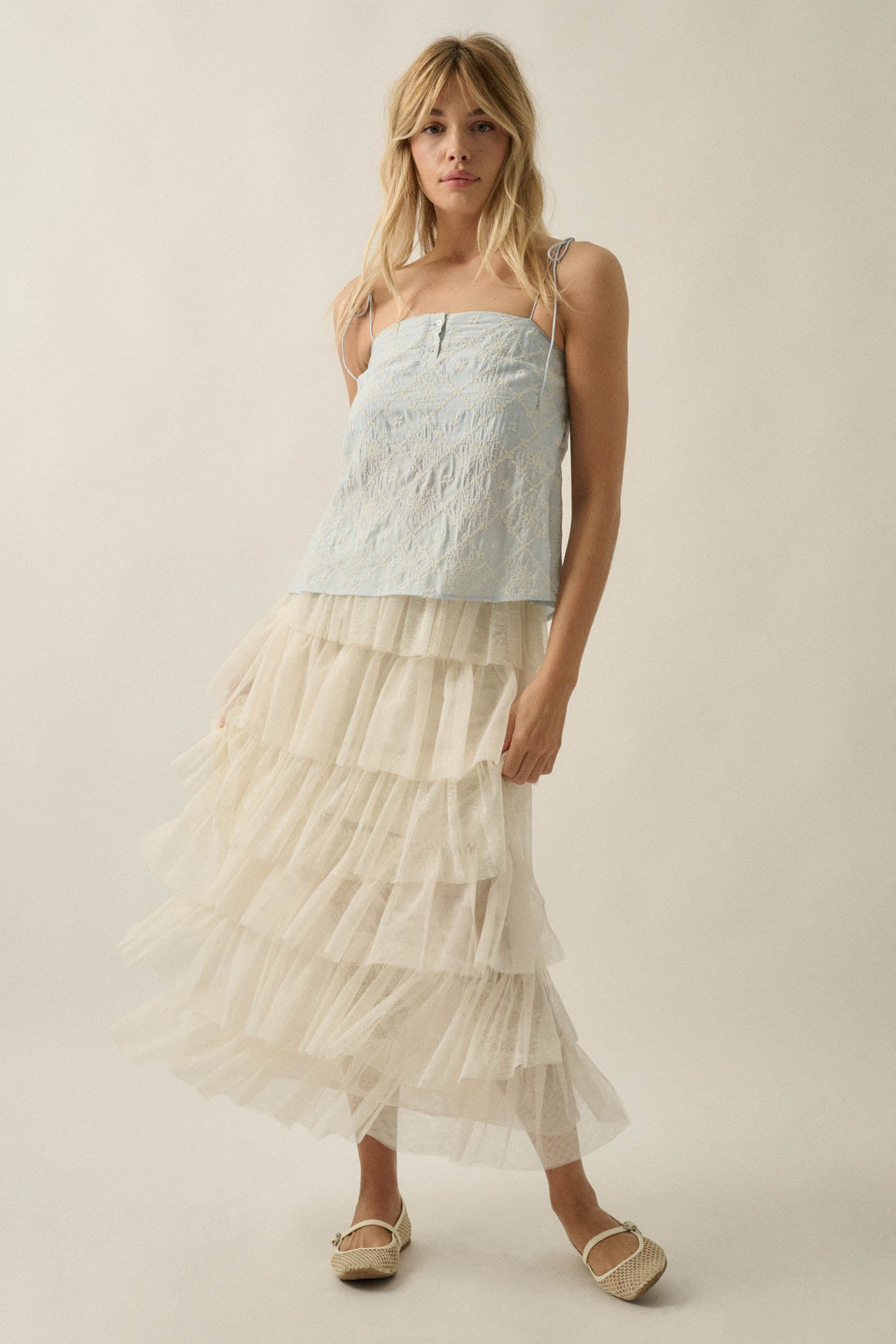 Twirl Power Floral Lace and Tulle Ruffle Maxi Skirt
