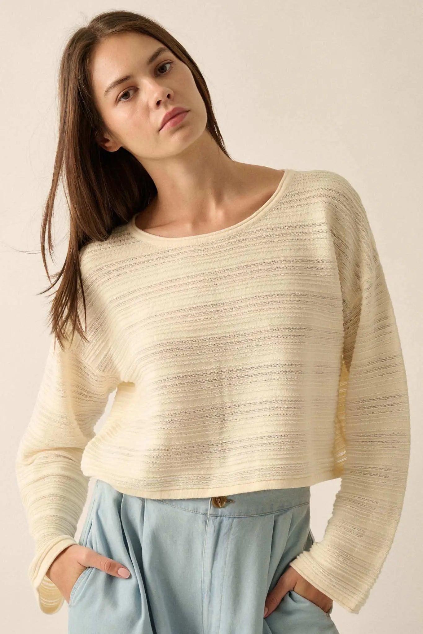 Blurred Lines Horizontal Rib-Knit Cropped Sweater