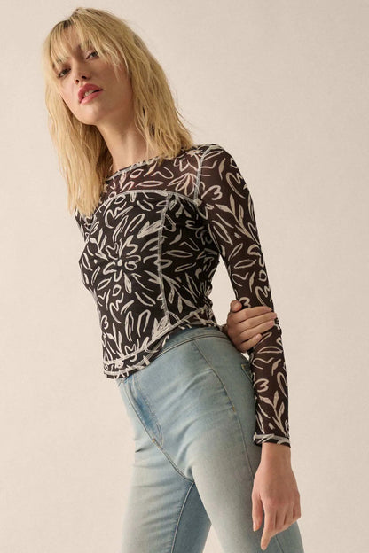 Modern Blossoms Floral-Print Mesh Exposed-Seam Top