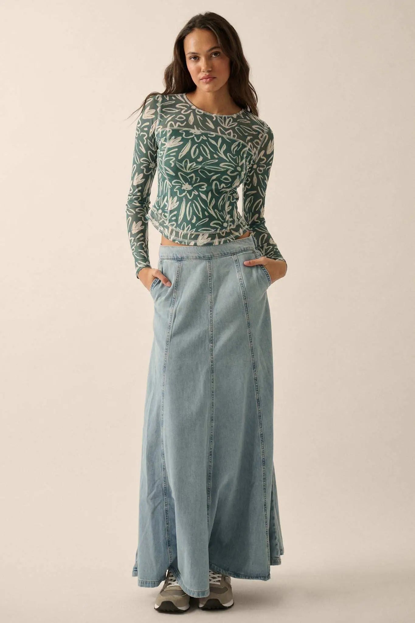Modern Blossoms Floral-Print Mesh Exposed-Seam Top