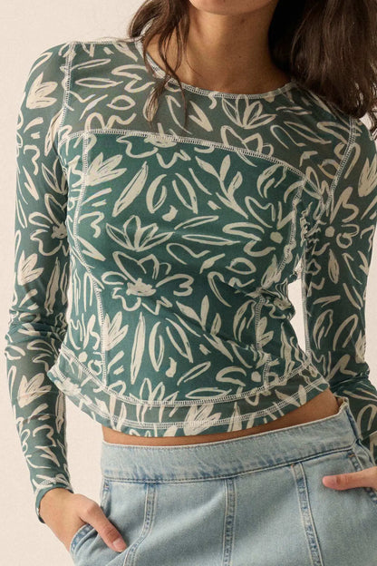 Modern Blossoms Floral-Print Mesh Exposed-Seam Top