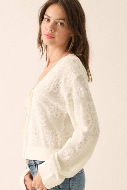 Flower Song Floral Jacquard Knit Tie-Front Cardigan