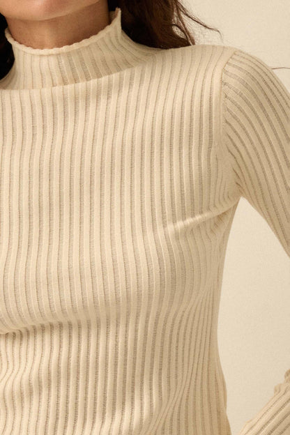 Finer Things Semi-Sheer Rib-Knit Mock-Neck Top