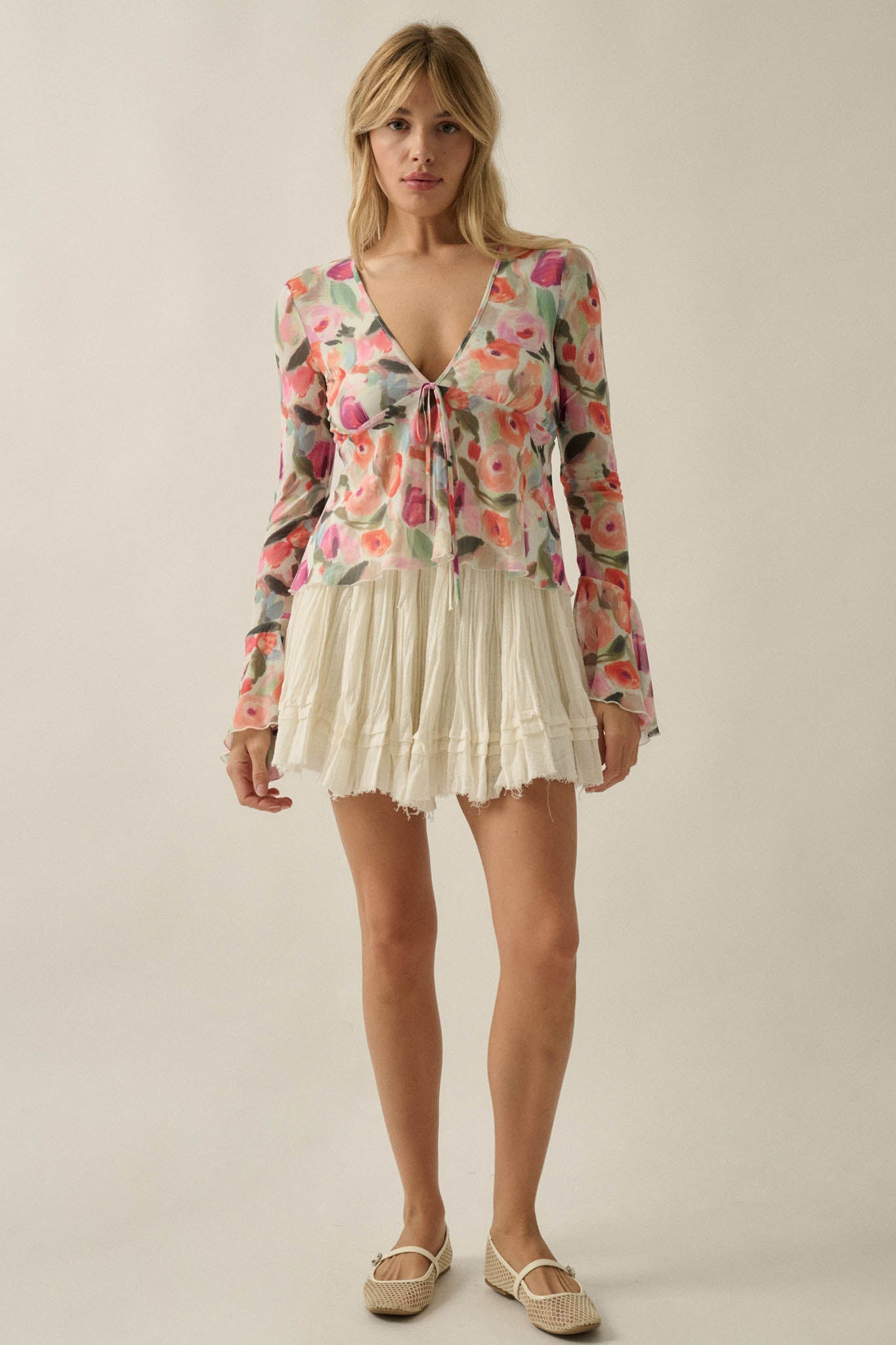 Blooming Brushstrokes Floral Mesh Bell-Sleeve Top