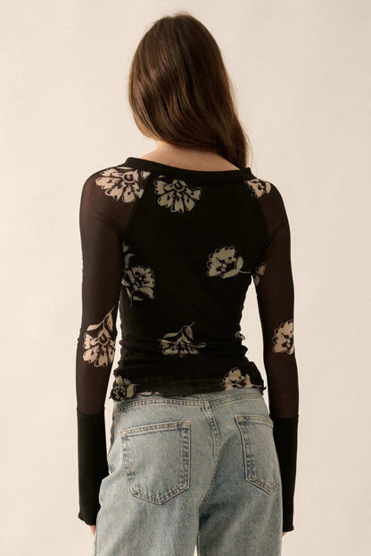 Deco Blossoms Floral Mesh Raglan Henley Top