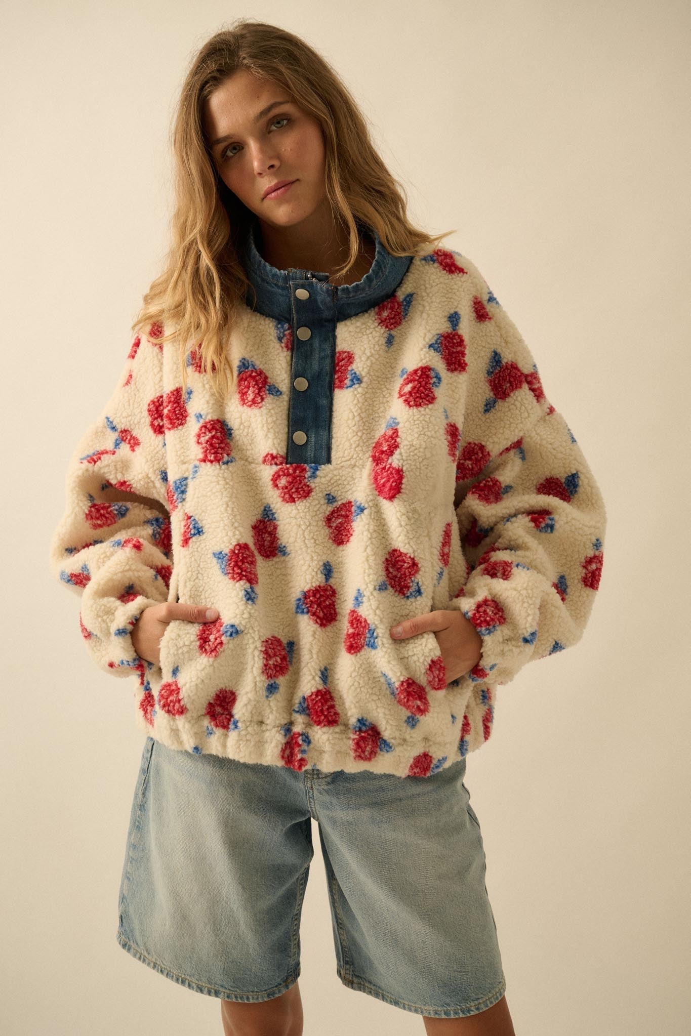 Winter Roses Floral Fleece Half-Zip Pullover