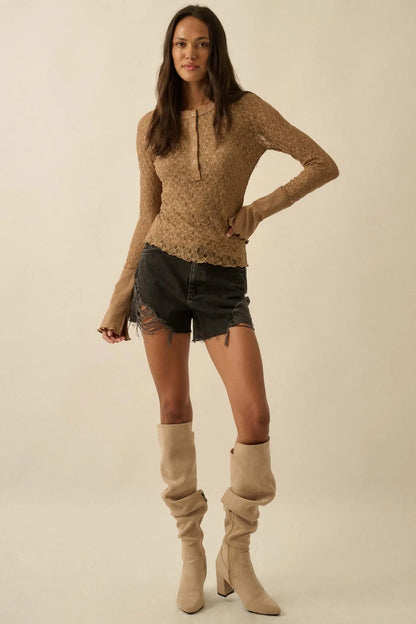 Casual Grace Floral Lace Raglan Henley Top
