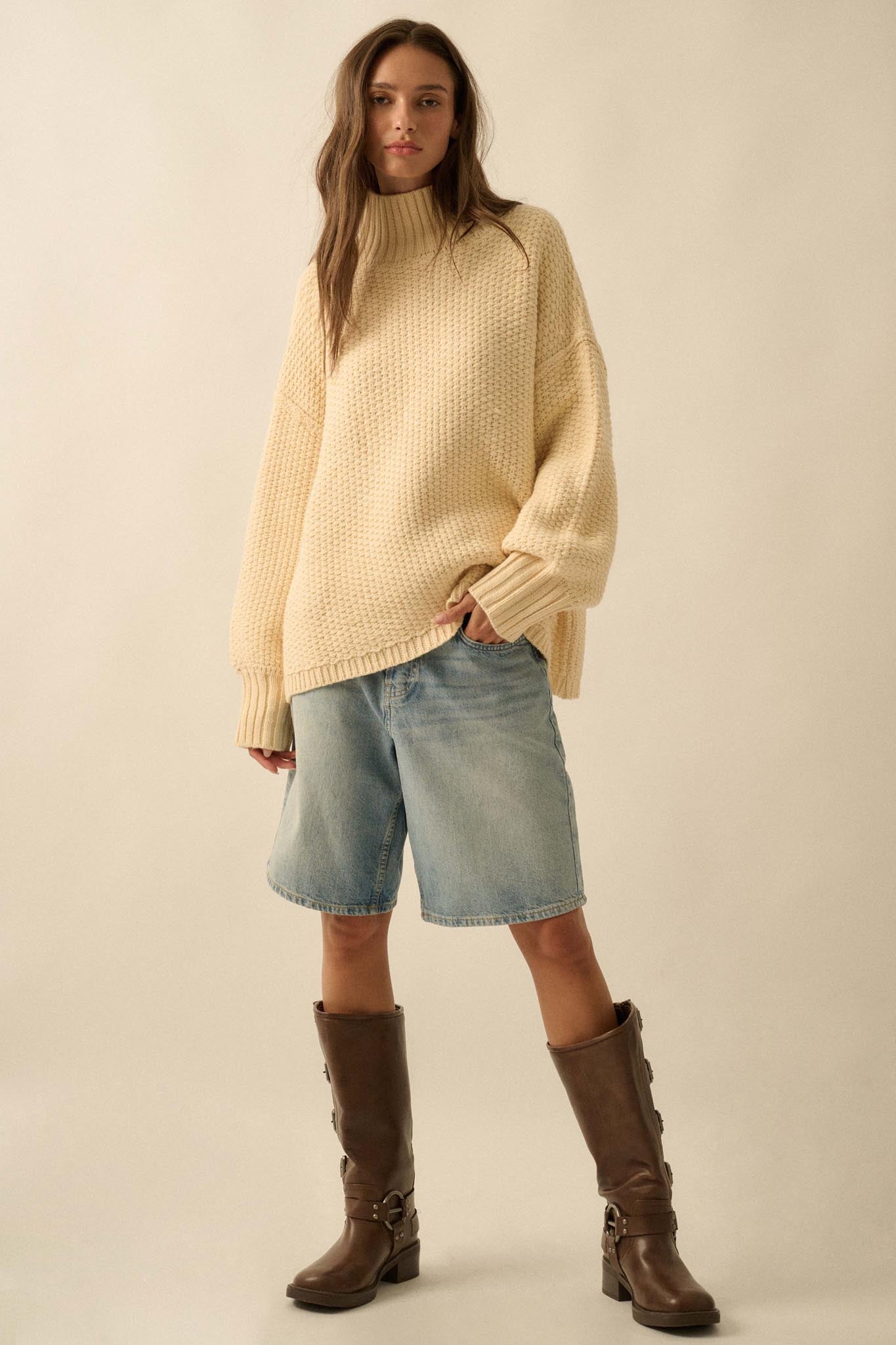 Time Goes By Crochet-Knit Mock-Neck Sweater