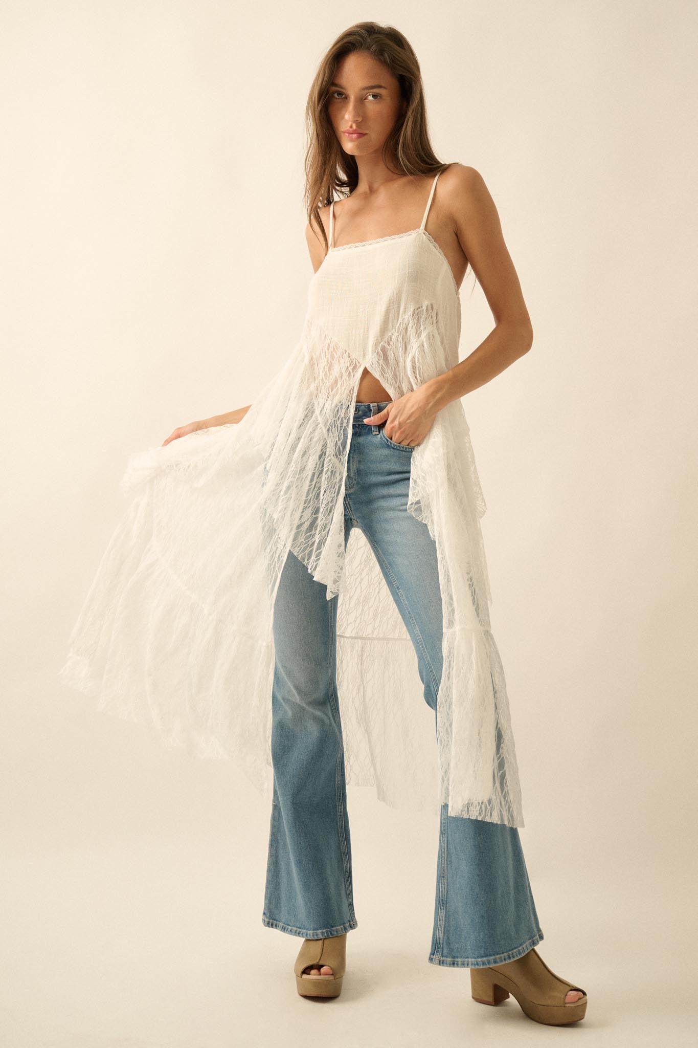 Whispering Winds Sheer Lace Flyaway Maxi Top