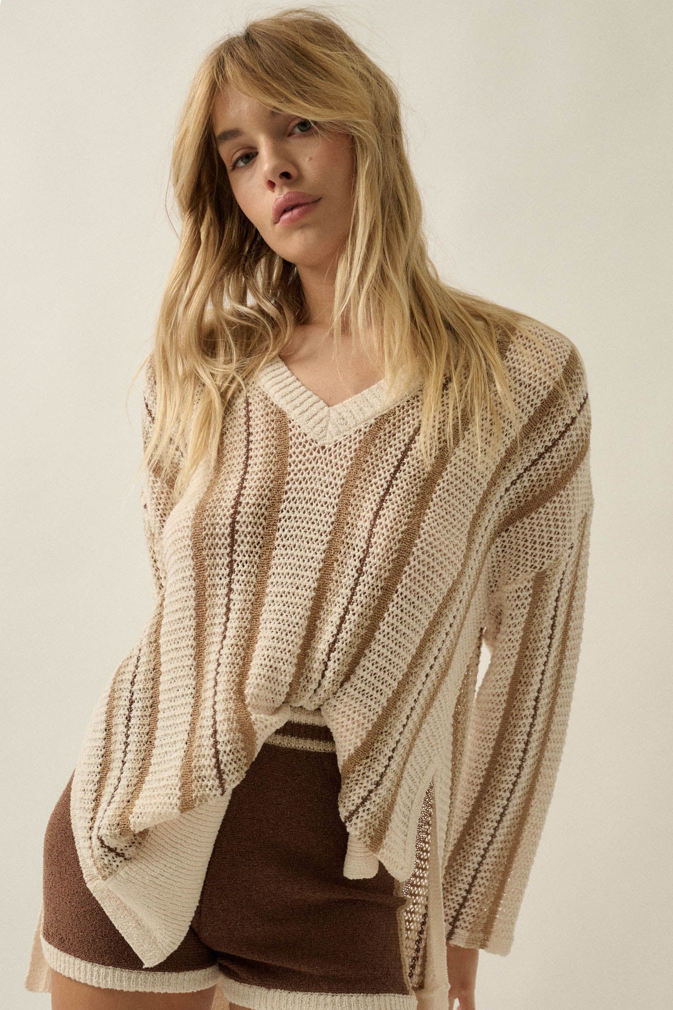 Low Tide Striped Crochet-Knit Oversize Sweater