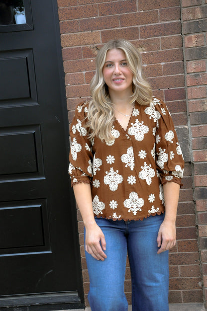 Walnut Puff Printed V-neck Blouse