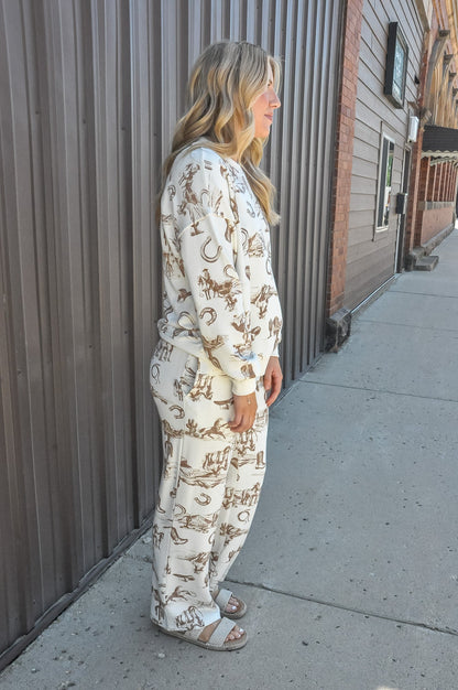 Western Print Crew Neck LS Knit Set