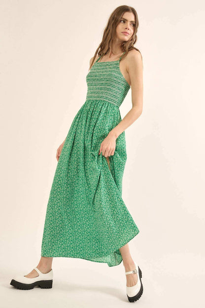 Wild Stems Smocked Floral-Print Maxi Sundress