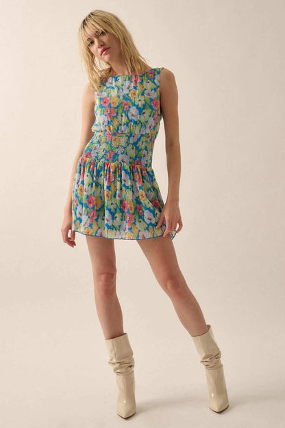 Rainbow Blooms Pleated Floral Mini Dress