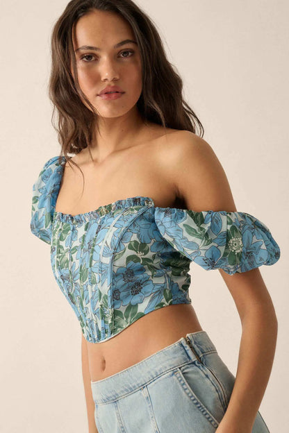 Fiji Feeling Floral Chiffon Puff-Sleeve Corset Top