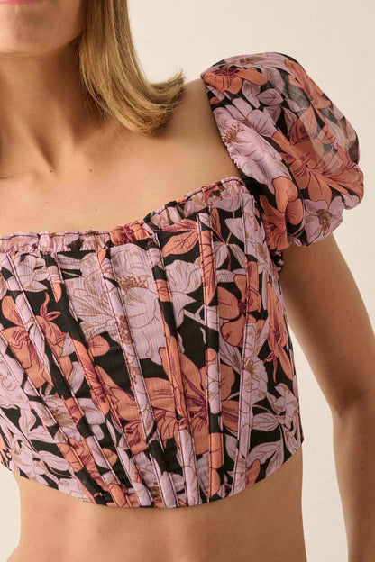 Fiji Feeling Floral Chiffon Puff-Sleeve Corset Top