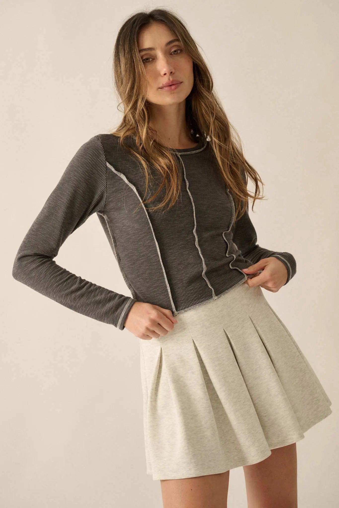 Wind Down Exposed-Seam Cropped Rib-Knit Top