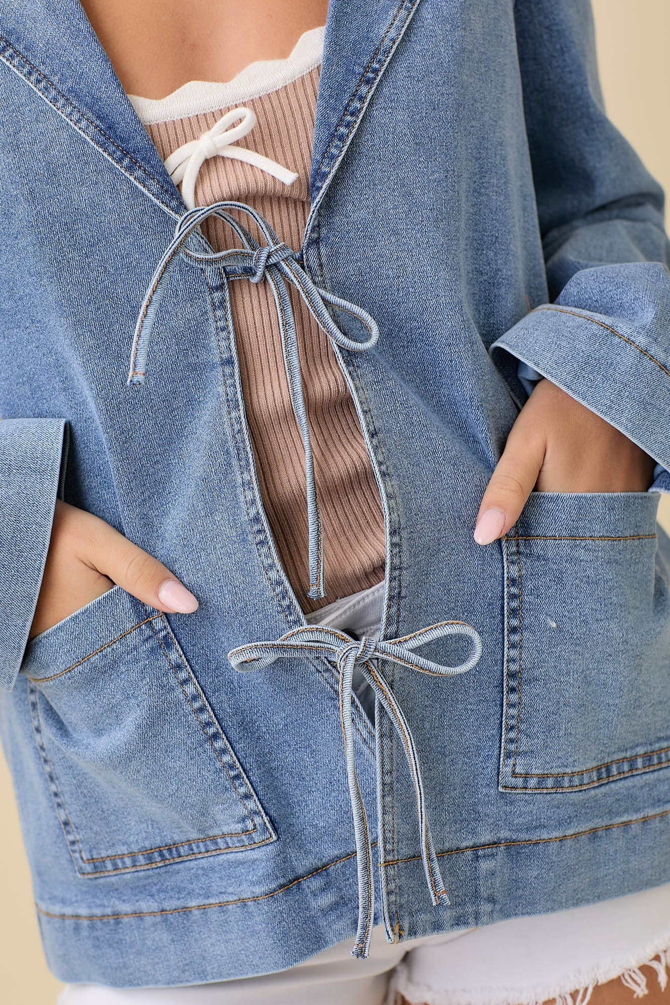 Lapel Collar Denim Jacket W/Front Tie Detail