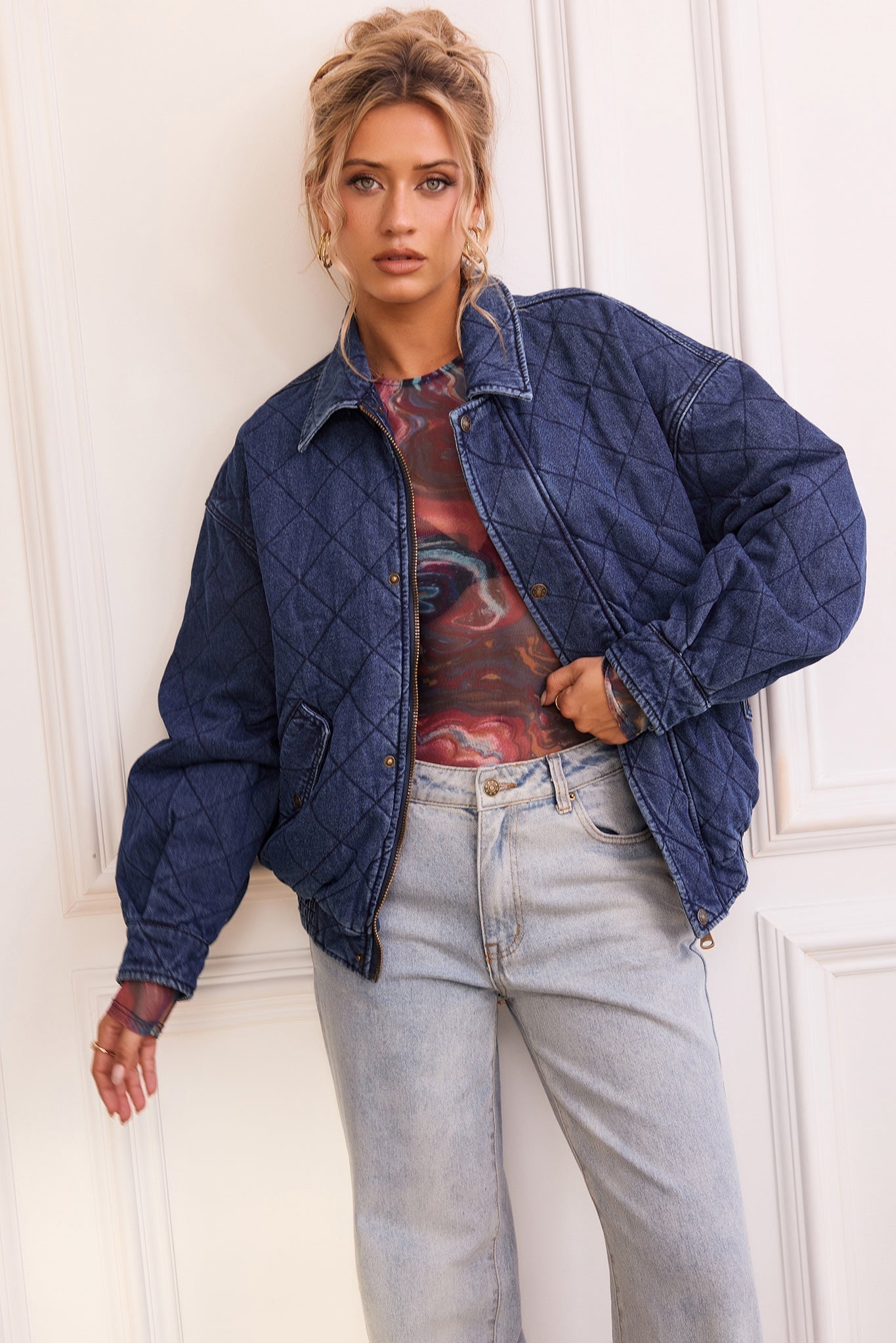 Dream Big Quilted Denim Jacket - Dark Blue