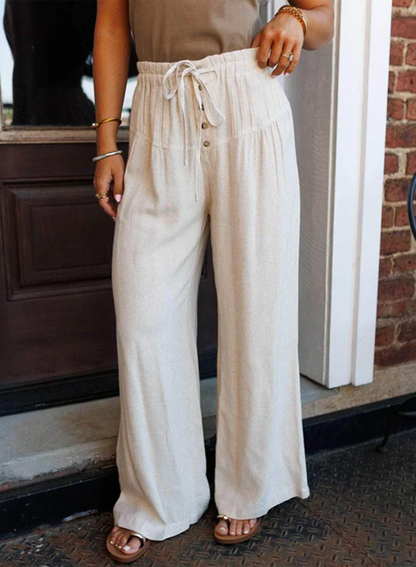 So Chill Drawstring Elastic Waist Button Pleated Detail Wide Leg Pants